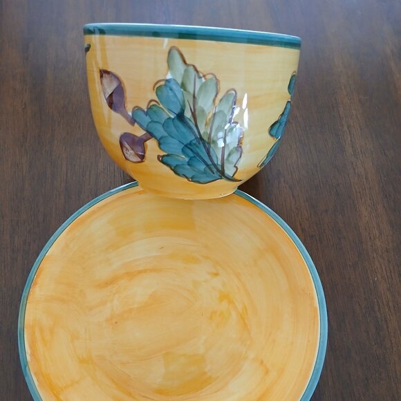 Large Yellow Ceramic Cup and Saucer with Green Leaves and Acorns - Picture 2 of 4
